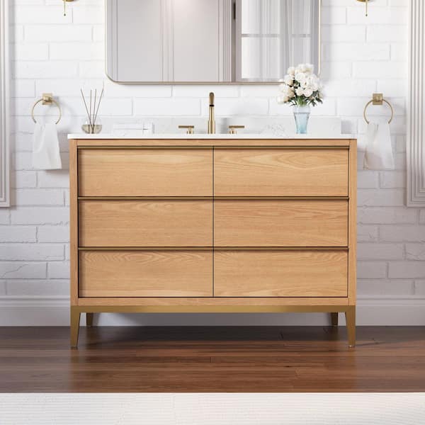 48 in.W x 22 in.D x 35 in.H Certified Single Sink Solid Wood Bath Vanity in OAK with White Quartz Top,Soft-Close Drawers