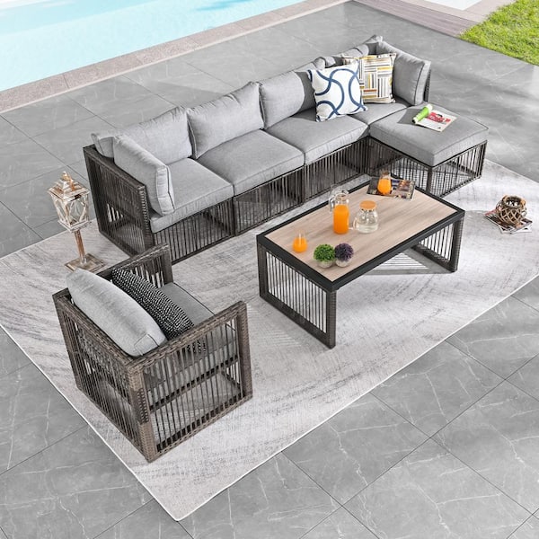 Patio Festival 7-Piece Wicker Patio Conversation Sectional Seating Set with Gray Cushions