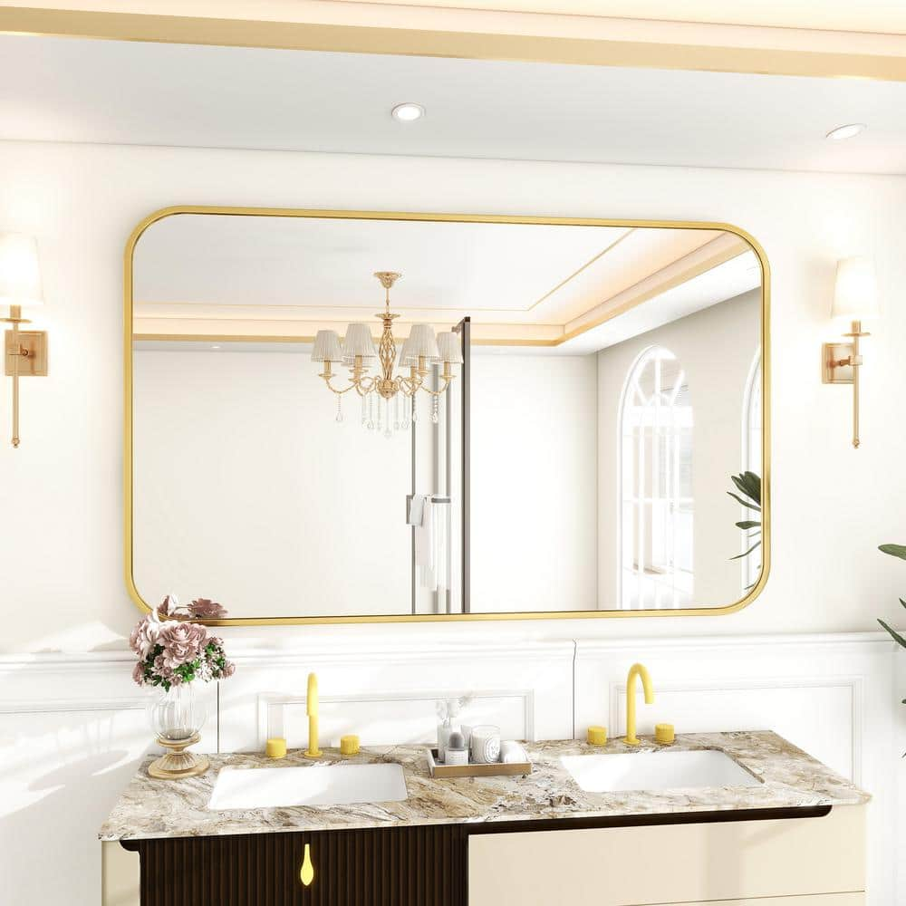 GLSLAND 30 in. W x 47 in. H Large Rectangular Metal Framed Wall Bathroom Vanity Mirror Gold