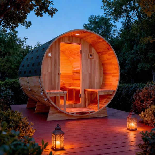 SaunaSpa 6-Person Outdoor White Cedar Barrel Wet/Dry Sauna with