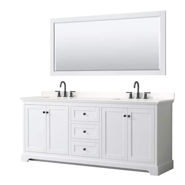 Wyndham Collection Avery 80 in. W x 22 in. D x 35 in. H Double Bath Vanity in White with White Quartz Top and 70 in. Mirror