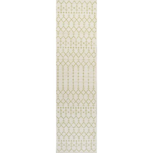 Ourika Moroccan Geometric Textured Weave Cream/Green 2 ft. x 10 ft. Indoor/Outdoor Area Rug