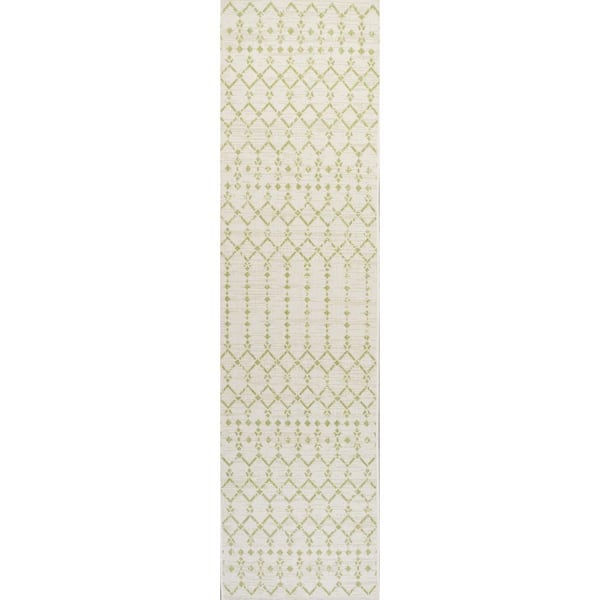 Ourika Moroccan Geometric Textured Weave Cream/Green 2 ft. x 8 ft. Indoor/Outdoor Area Rug