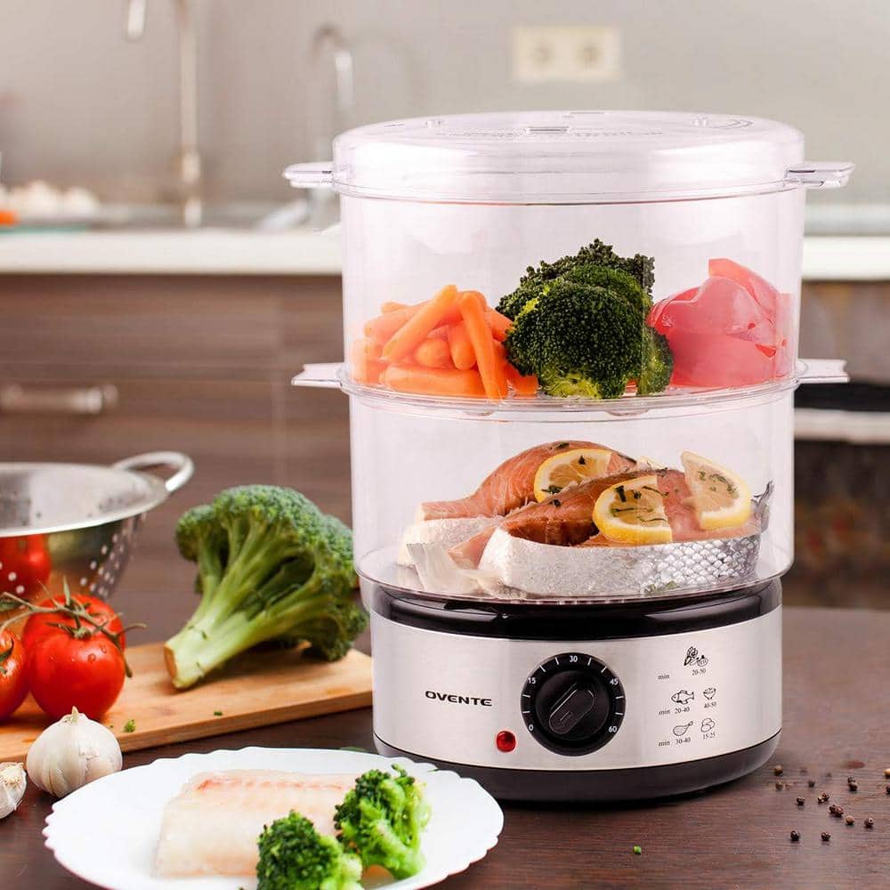 Silver 2-Tier Electric Food Steamer with Stainless Steel Base