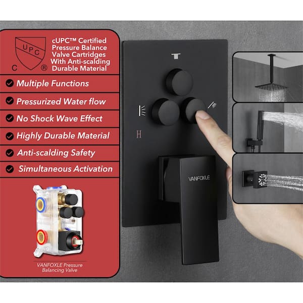 Single Handle 3-Spray Shower Faucet 1.8 GPM 10 in. Square Ceiling Mount with Pressure Balance in Matte Black with 4-Jet