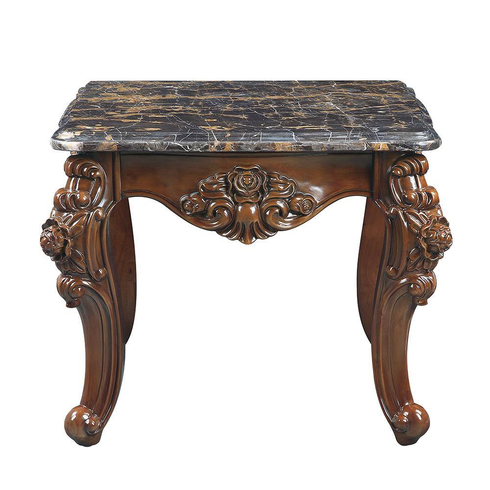 Walnut Brown Scalloped Marble Top End Table with Carved Floral Motifs