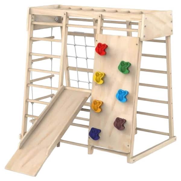 Kids Indoor Climbing Set with Slide, Rock Wall, Monkey Bars, Swing, Ladder - 6-in-1 Play Gym for Toddlers