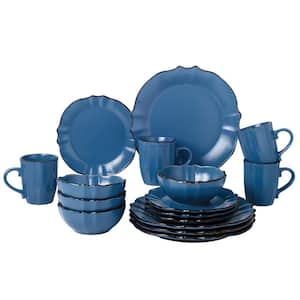 16 Piece Stoneware Scalloped Edge Yale Blue Dinnerware (Service for 4)