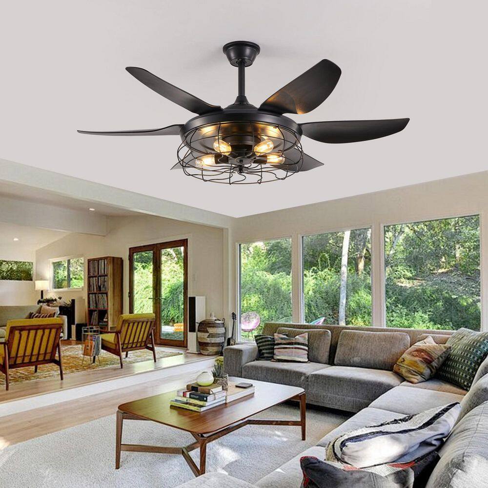 52 in. Industrial Black Cage Downrod Ceiling Fan with Light,6 Fan Blades,6-Speed Reversible DC Motor(Bulb Not Included) price history on PriceWatchPro