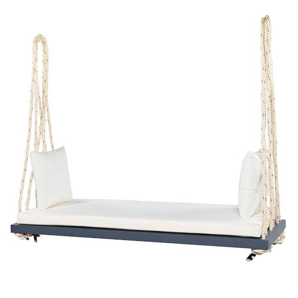 3-Person Patio Gray Wood Hanging Porch Swing Bench Chair With Beige Cushion and 10. 8Ft Hemp Ropes