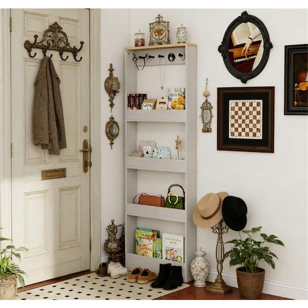 69 in. Tall White Wood Behind The Door Tall Bookcase Narrow Storage Cabinet with 4 Shelves and 5 Hooks