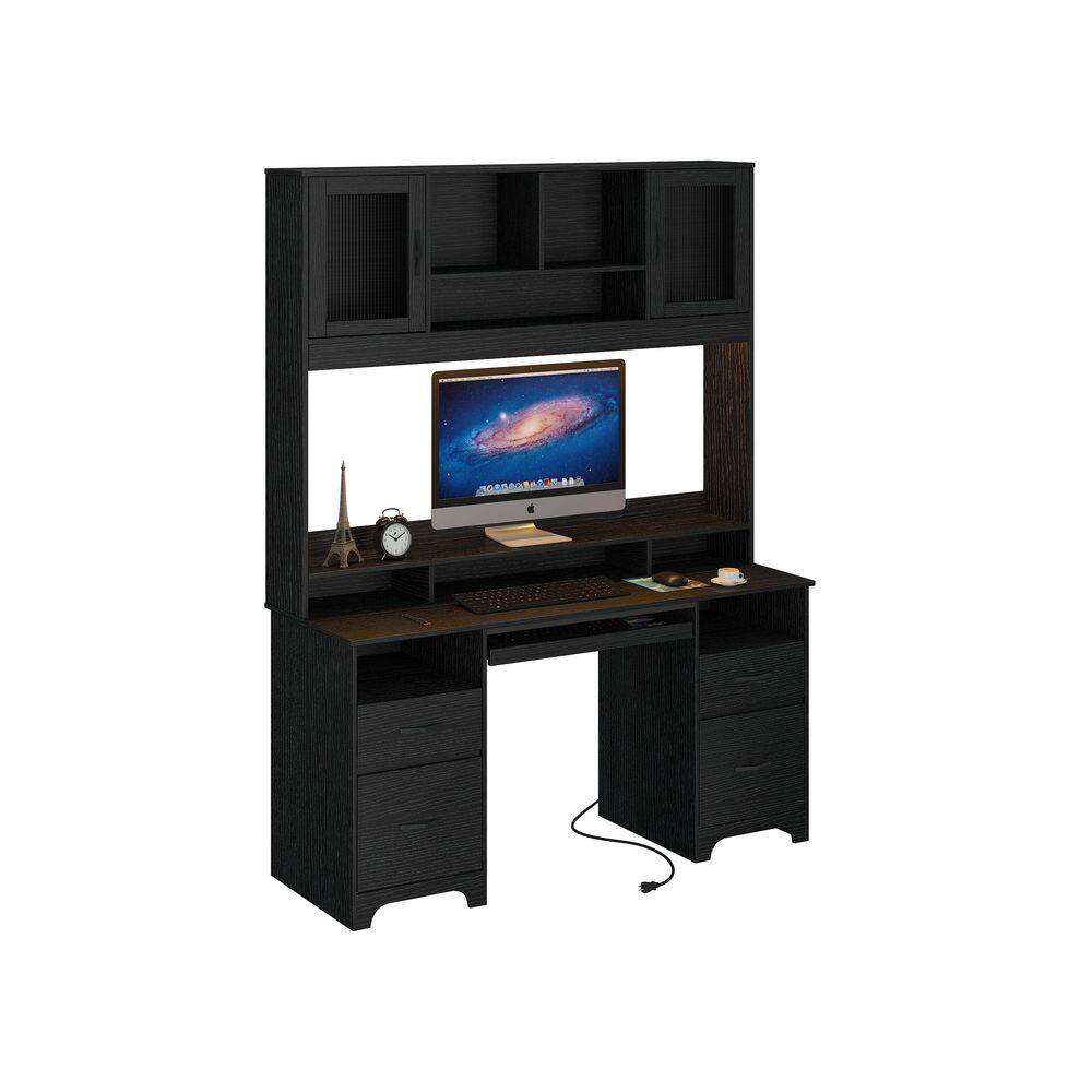 59" Rectangular Black Ergonomic Computer Desk with Hutch and Power Hub, Home Office Desk with Keyboard Tray & LED Light.