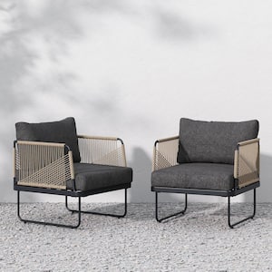 Isla Bohemian Patio Chair, Matte Black Metal Frame Outdoor Lounge Chair with Dark Gray Cushion (2-Pack)