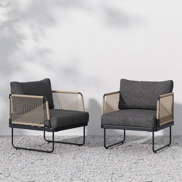 Nathan James Isla Bohemian Patio Chair, Matte Black Metal Frame Outdoor Lounge Chair with Dark Gray Cushion (2-Pack)