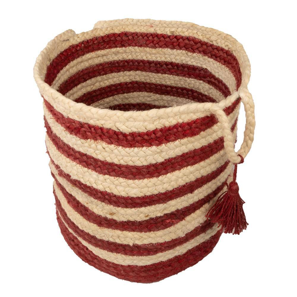 Handmade Round Red and Off-White Jute Storage Basket