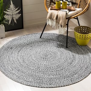 Braided Ivory/Black 6 ft. x 6 ft. Round Solid Area Rug
