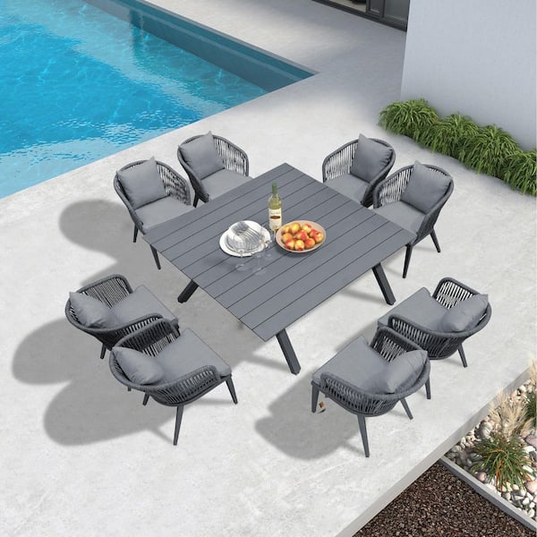 9-Piece All-Weather Wicker Outdoor Dining Set with Square Table All Aluminum and Grey Cushions for Garden Backyard Deck
