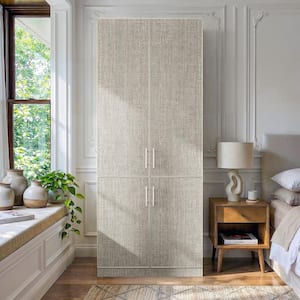 Beige-C Wood 31.5 in. Wardrobe Closet with 4-Door,Hanging Rod,Shelves and Storage Cabinets For Bedroom Clothing Storage