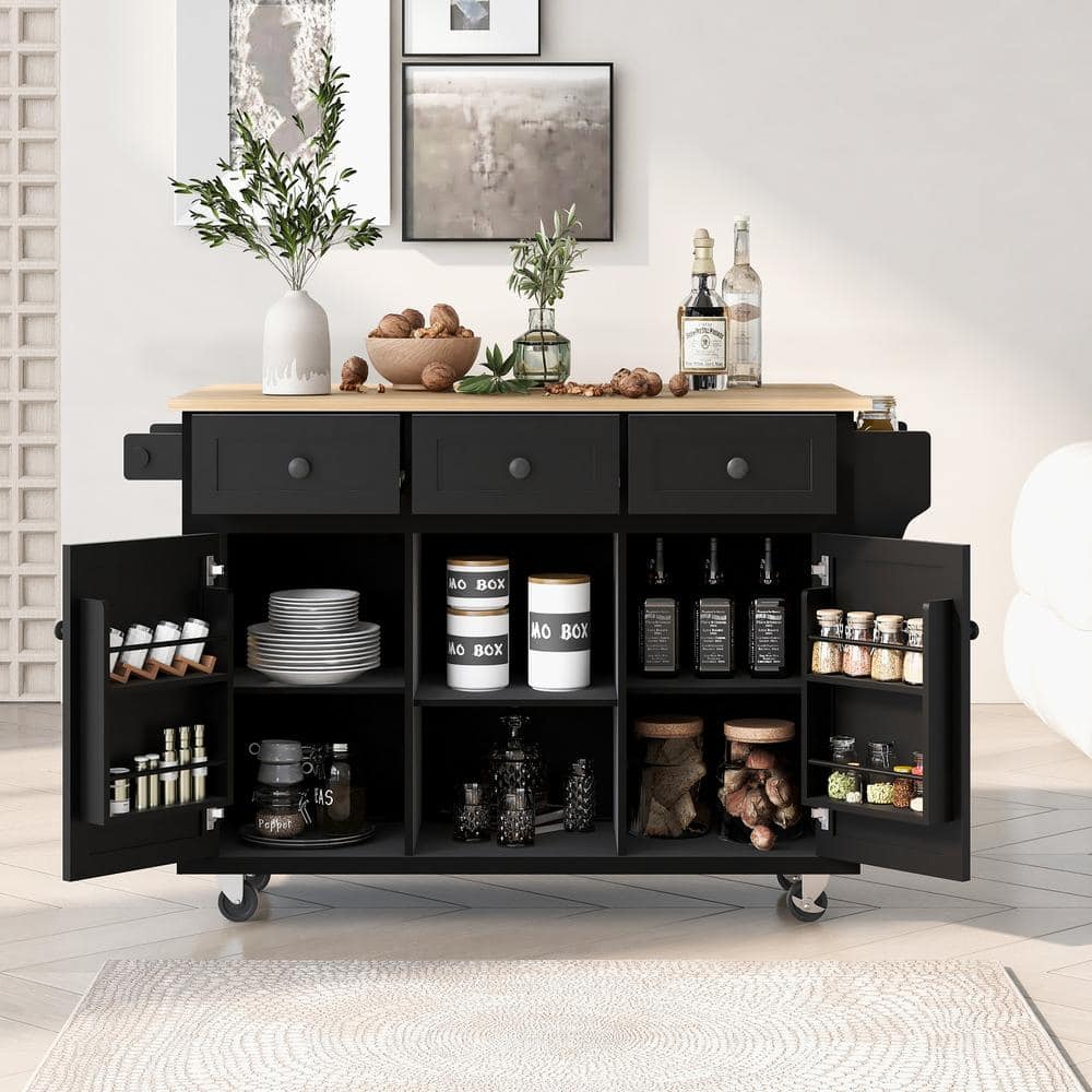 Zeus & Ruta Zeus Black Kitchen Island Cart with Wood Top and Open Storage  Microwave Oven Cabinet ZeusKCI01BK - The Home Depot