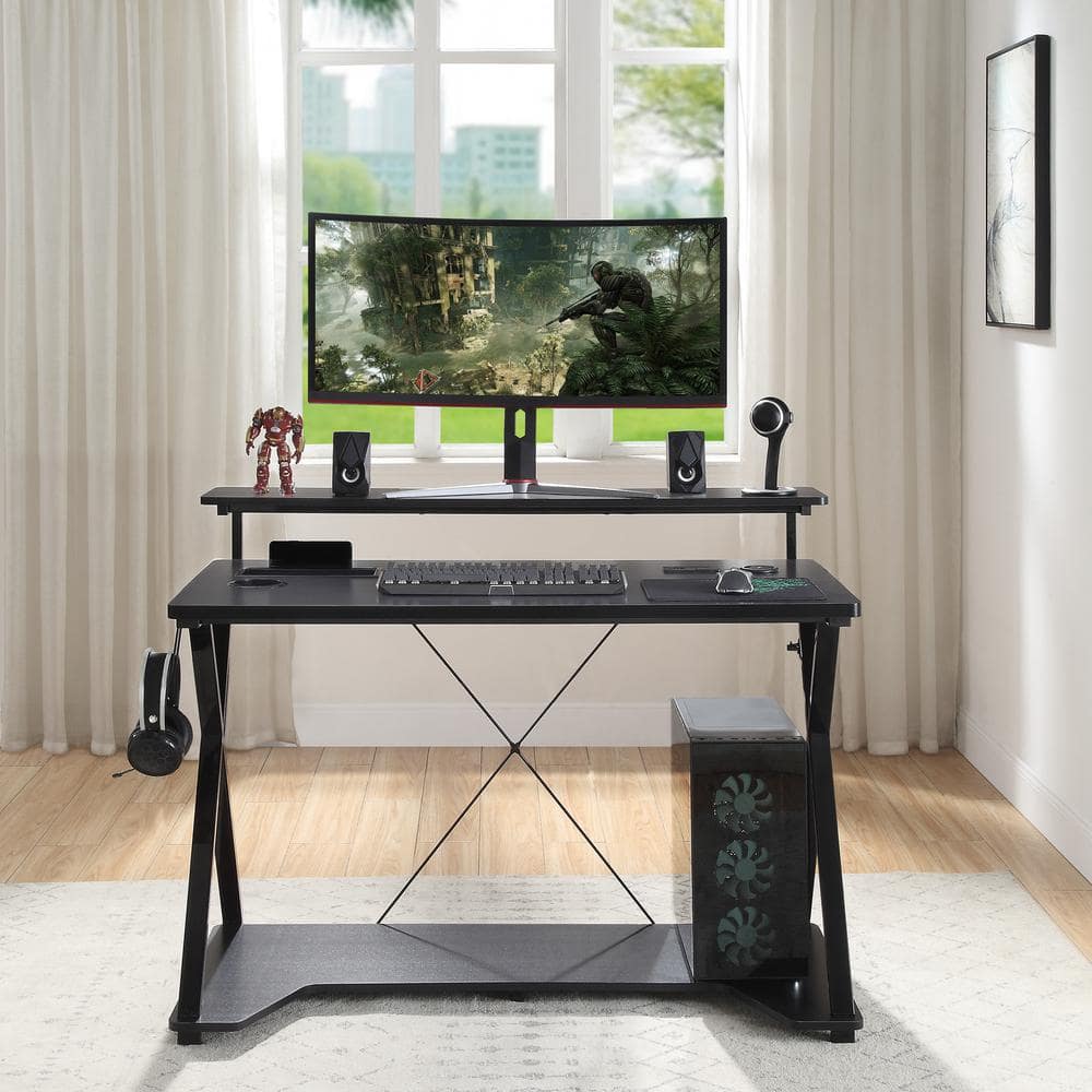 Black Gaming Desk with RGB LED Lights and Dual Monitor Shelf