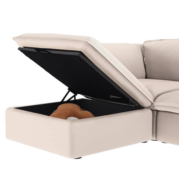 J&E Home Beige Linen Square Storage Ottoman