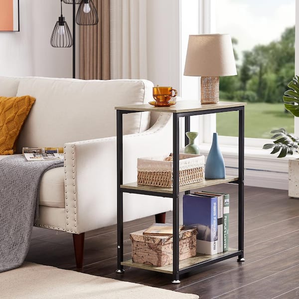 VECELO 3-Tier Gray Side Table，Stable Open Book Shelves with Metal
