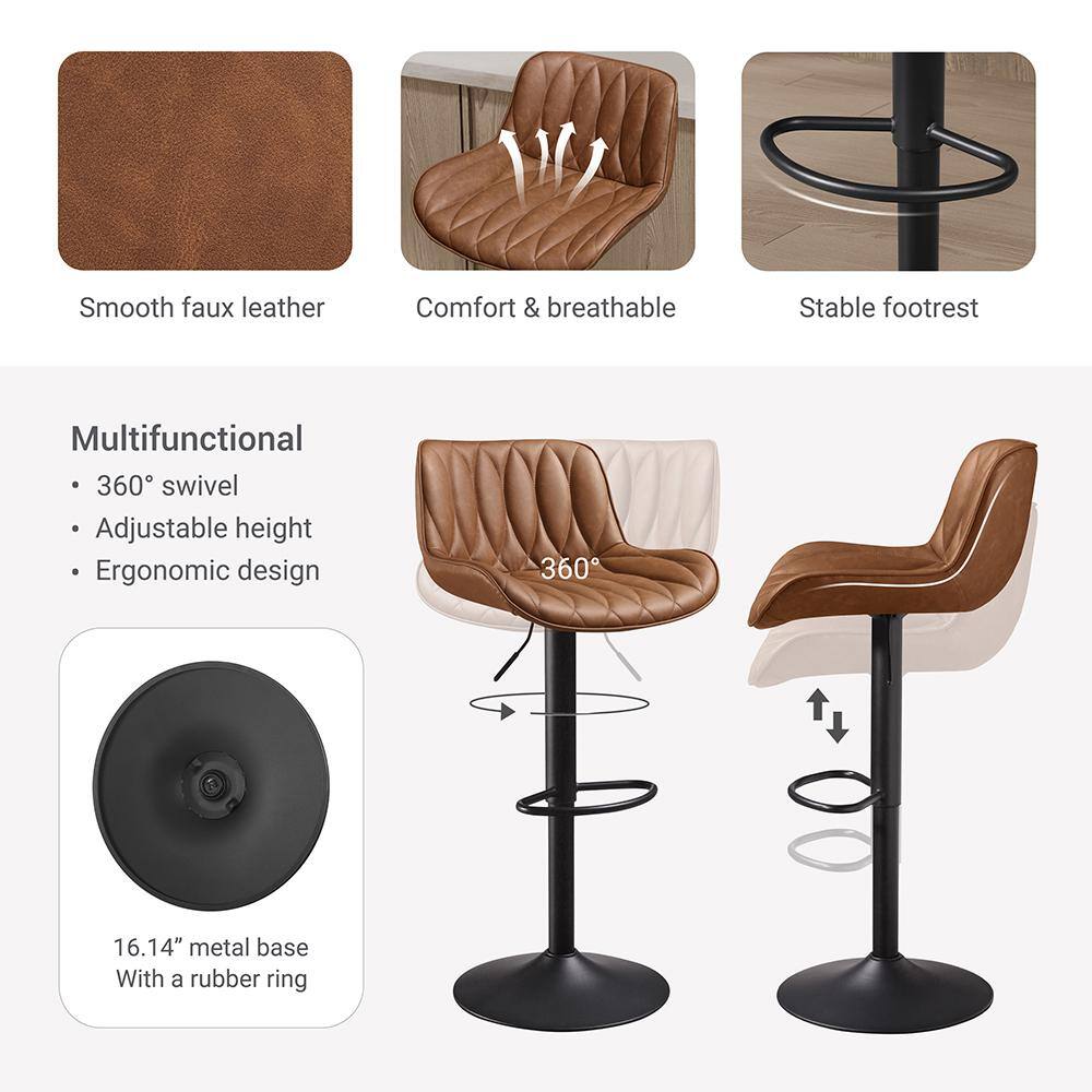 Tan Faux Leather Adjustable Swivel Bar Stools with Metal Frame