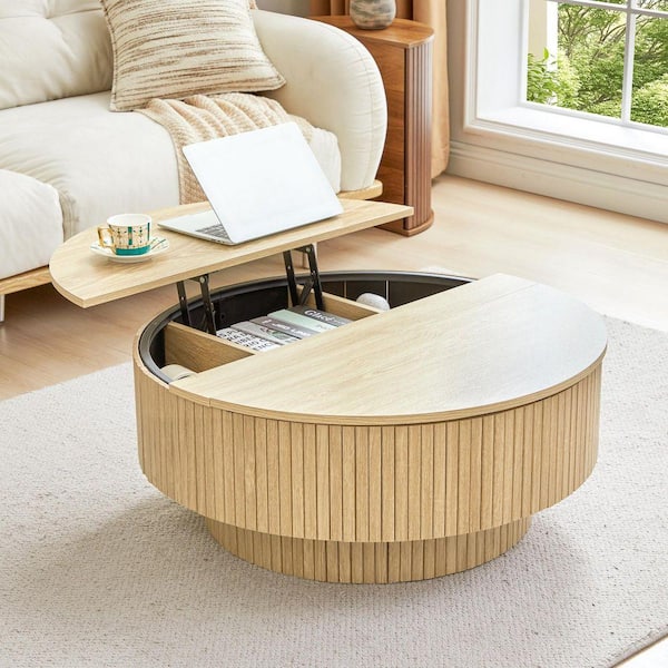ATHMILE Natural Fluted Round Lift Top Coffee Table, Multi-Level