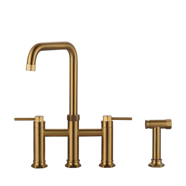 Gold Double Handle High-Arc Widespread Deck Mounted Kitchen Faucet with Side Spray in Brass