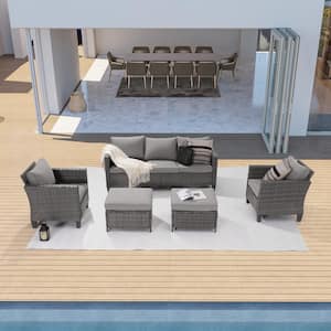 Light Gray 5-Piece Outdoor Patio Conversation Set Widened Back and Arm Gray Rattan 3-Seat Sofa 2-Ottomans, Soft Cushions