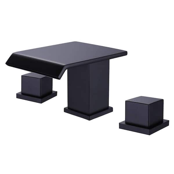 FLG 8 in. Widespread Double-Handle Waterfall Bathroom Faucet Modern Brass Sink Basin Taps in Matte Black