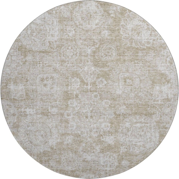 Mayfield Premium Machine Washable Indoor/Outdoor Geometric AMF634 Beige 8 ft. x 8 ft. Round Area Rug