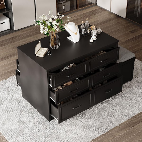Dark Brown Finished Wood Jewelry Armoire, Dresser, Chest of Drawers 61.9 in. W with 12-Drawer and 1 Storage Stool w/ Pad