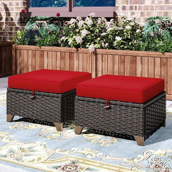 Brown Wicker Outdoor Patio Ottoman with Red Cushions (Set of 2)