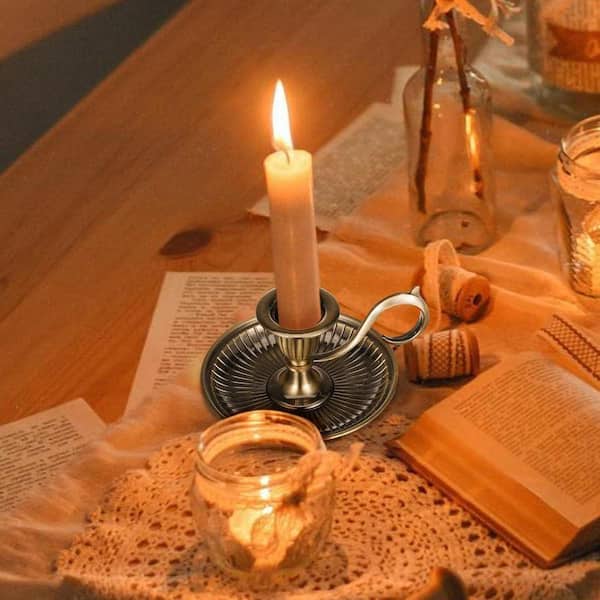 Vintage Bronze Metal Taper Candle Holder with Handle, Christmas