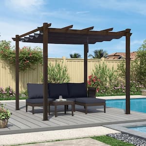 10 ft. x 12 ft. Navy Blue Metal Outdoor Retractable Pergola with Shade Canopy Cover for Beach Deck Gazebo