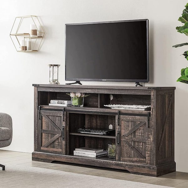 Dark Rustic Oak TV Stand Living Room Hub Fits TV's up to 70 in. with Sliding Barn Doors and Adjustable Shelves