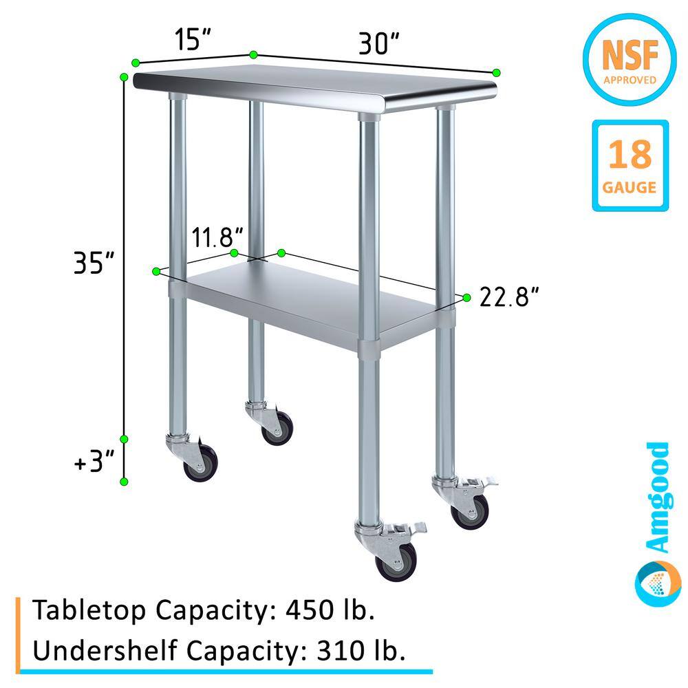 15" x 30" Stainless Steel Work Table with Undershelf and Casters