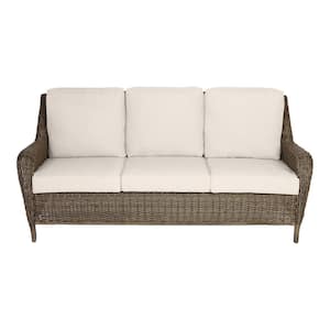 Cambridge Gray Wicker Outdoor Patio Sofa with CushionGuard Almond Tan Cushions
