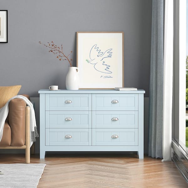 Unbranded 47.2 in. W x 17.7 in. D x 30 in. H Blue Wood Linen Cabinet with 6 Drawers and Shell-Shaped Handles