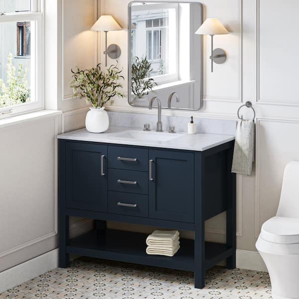 Home Decorators Collection Sturgess 43 in. W x 22 in. D x 35 in. H Single Sink Freestanding Bath Vanity in Navy Blue with Carrara Marble Top