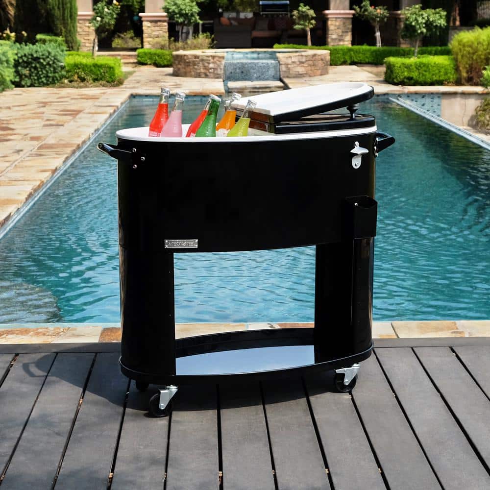 Black Powder Coated Steel Rolling Patio Cooler with Insulated Basin