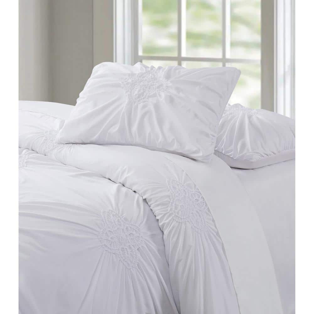 White Microfiber Ruffled Full/Queen Duvet Cover Set
