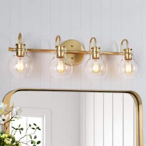 Modern Vanity Light 4-Light Gold 28.5 in. Wall Light with Globe Clear Glass Shades for Bathroom
