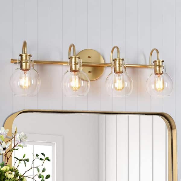 LNC Modern Vanity Light 4-Light Gold 28.5 in. Wall Light with Globe Clear Glass Shades for Bathroom