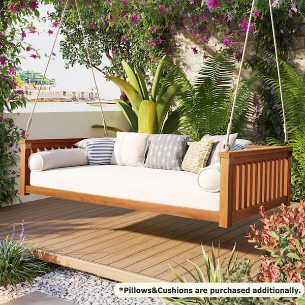 ベッド 2-Person Teak Acacia Wood Patio Porch Swing, Twin Size Garden