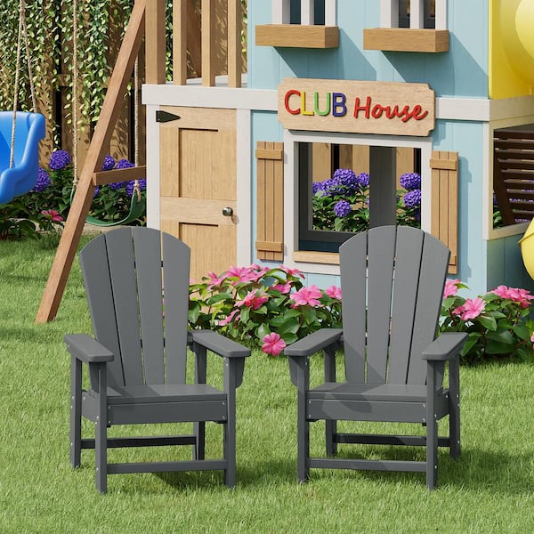 Children's Laguna Set-2 Outdoor Patio All Weather Fade Resistant Kids Poly Plastic Adirondack Chairs in Gray