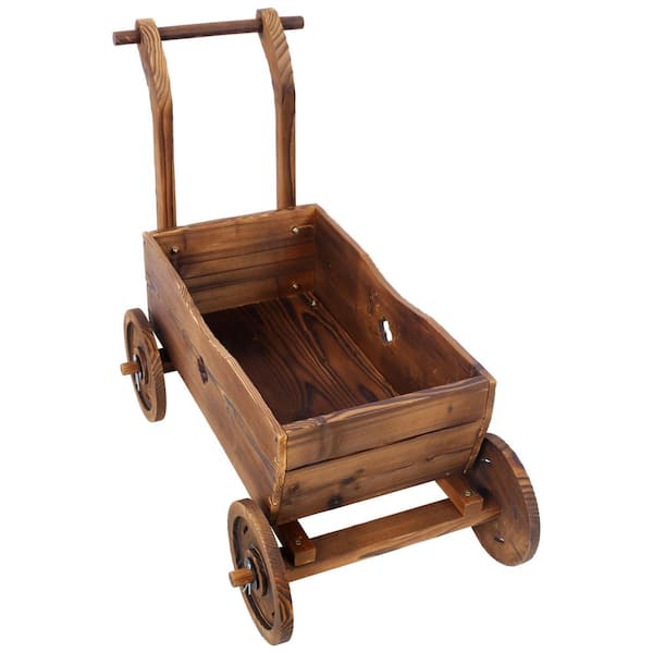 Unbranded Brown Wooden Outdoor Wagon Planter Wood Box, Mobile Garden Flower Cart with 4 Wheels, Handle and Drain Hole
