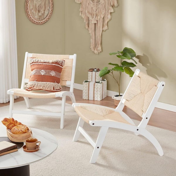 Lirago White Natural Wood Beech Braided Jute Woven Weave Paper Rope Chair for Living Room