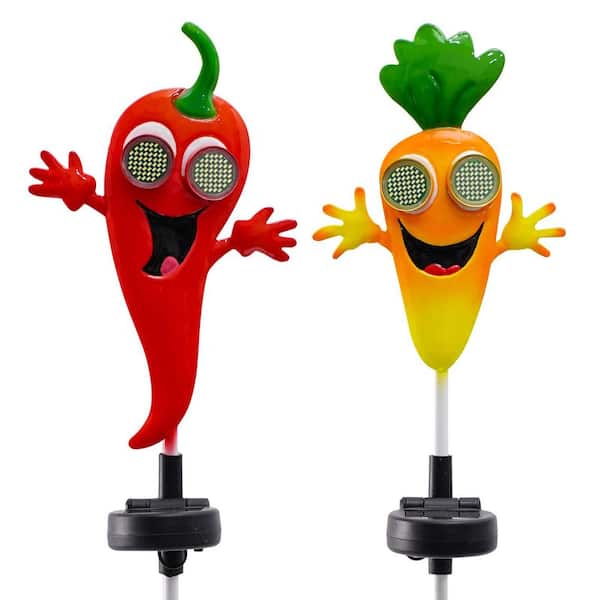 2 Pack Novelty Red Chili & Carrot Solar Garden Stake Lights, Torches Decor for Patio, Yard, Lawn & Flower Beds
